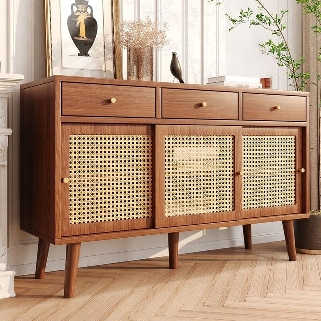 Retro Rattan Sideboard Cabinet 3 Drawer 3 Door Wooden Storage for Living Room