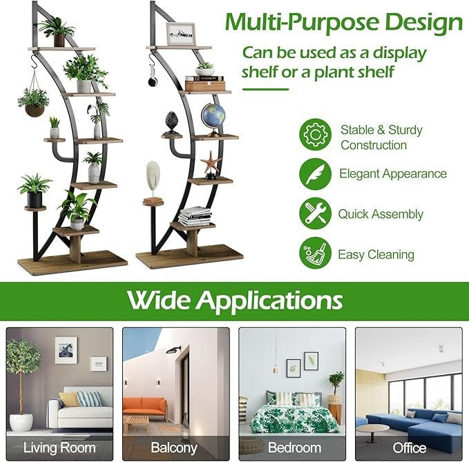 8 Tier Curved Metal Plant Stand Indoor Outdoor Half Moon Flower Shelf Display