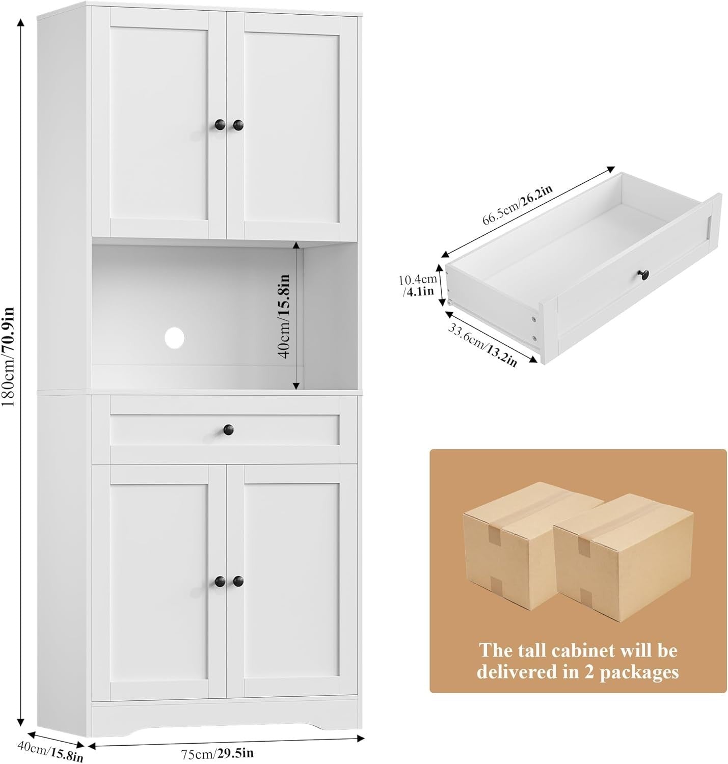 White 180cm Tall Kitchen Cupboard 4-Door Pantry 1-Drawer Countertop