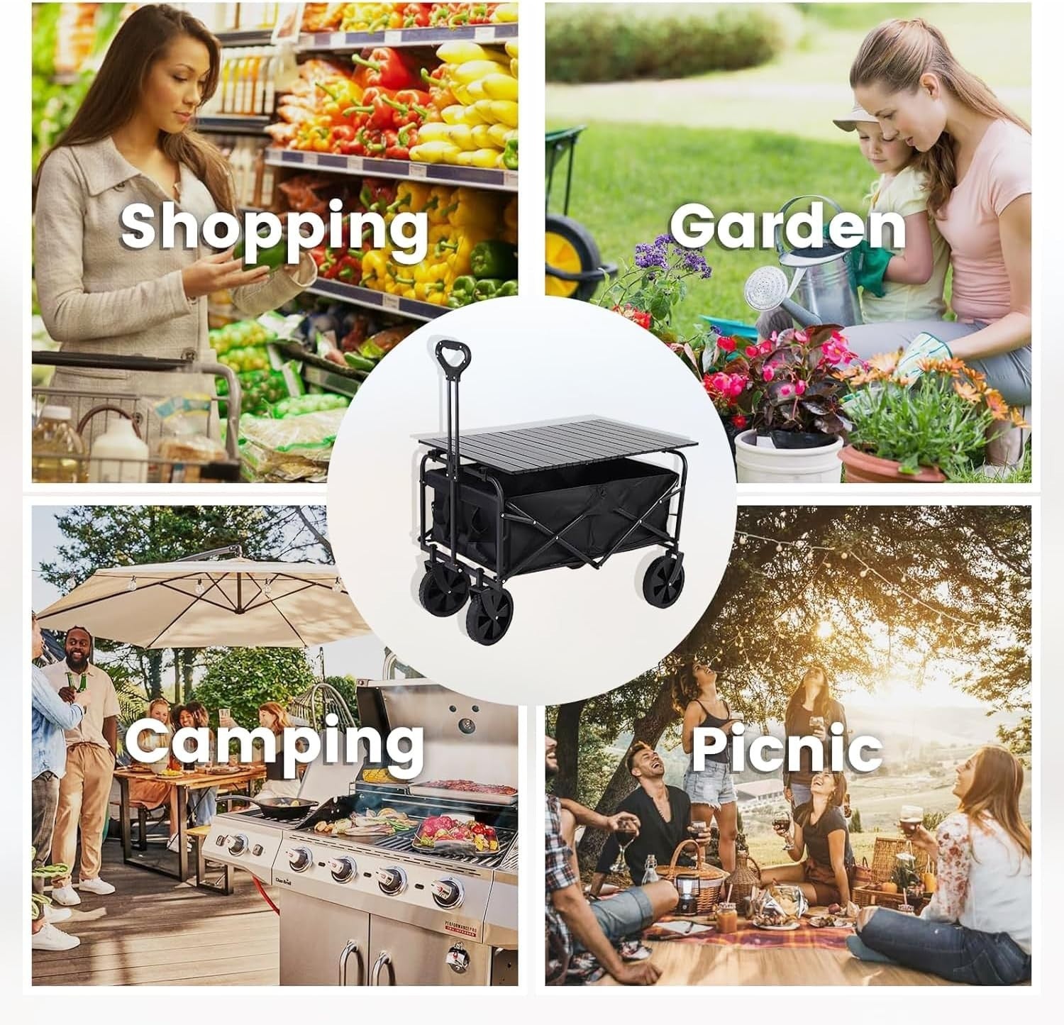 150kg Festival Folding Trolley Cart w/ Table Top All-Terrain Beach Camping Wagon