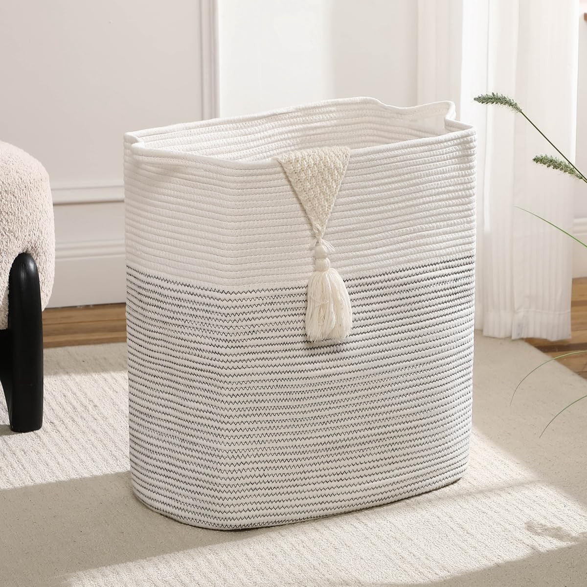 80L Tall Woven Cotton Laundry Basket with Handles Large Rope Hamper White