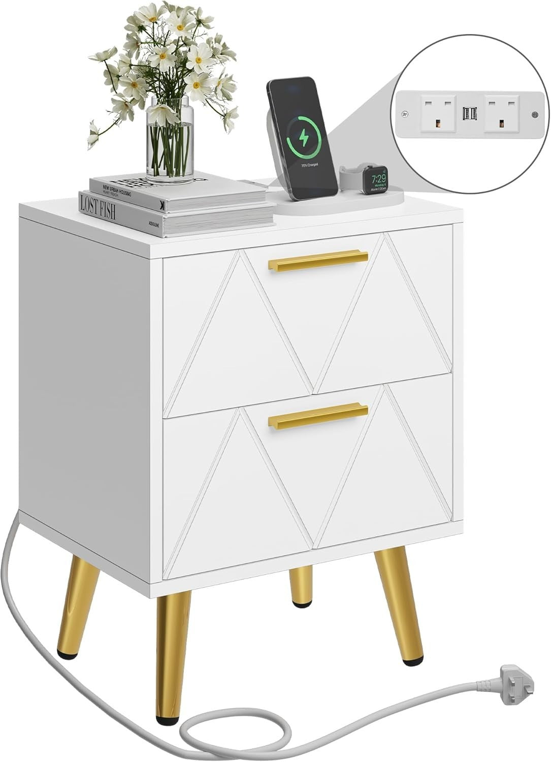 White & Gold 2 Drawer Bedside Table – Modern Nightstand with USB Ports