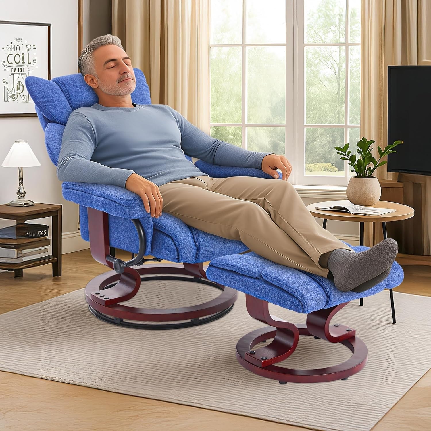Swivel Recliner Armchair with Footstool Linen High Back Tilt Lounge
