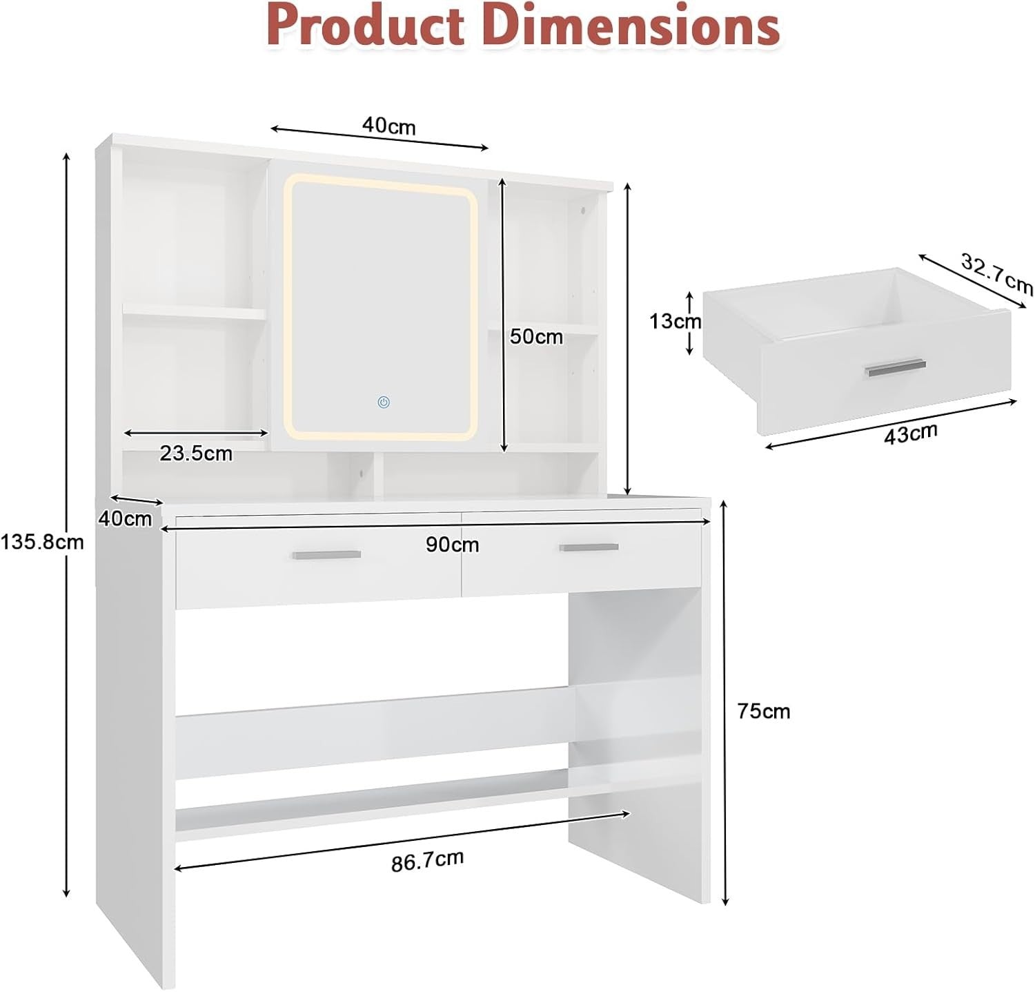 White Vanity Dressing Table with LED Mirror 3-Colour Lights Storage Drawers