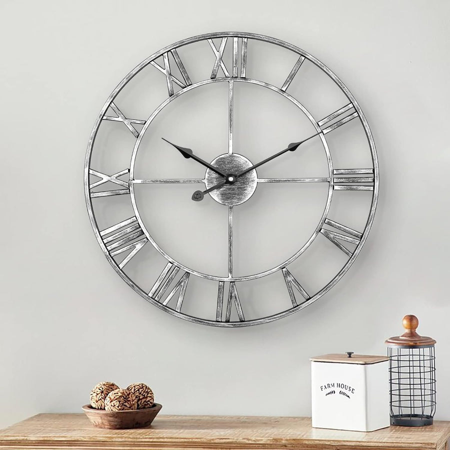 60cm Metal Skeleton Wall Clock Silent Roman Numerals Vintage Silver Decor