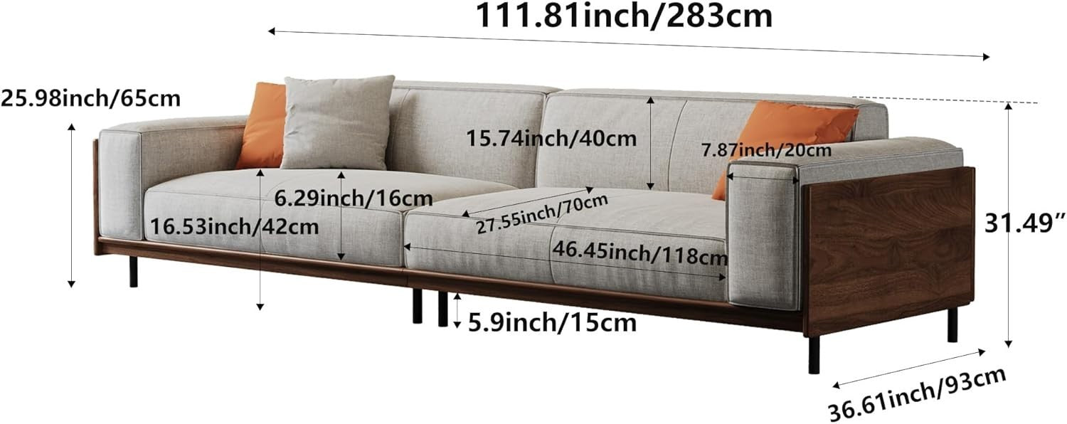 Modern 4 Seater Sofa Light Grey Fabric with Wooden Base & Decorative Cushions