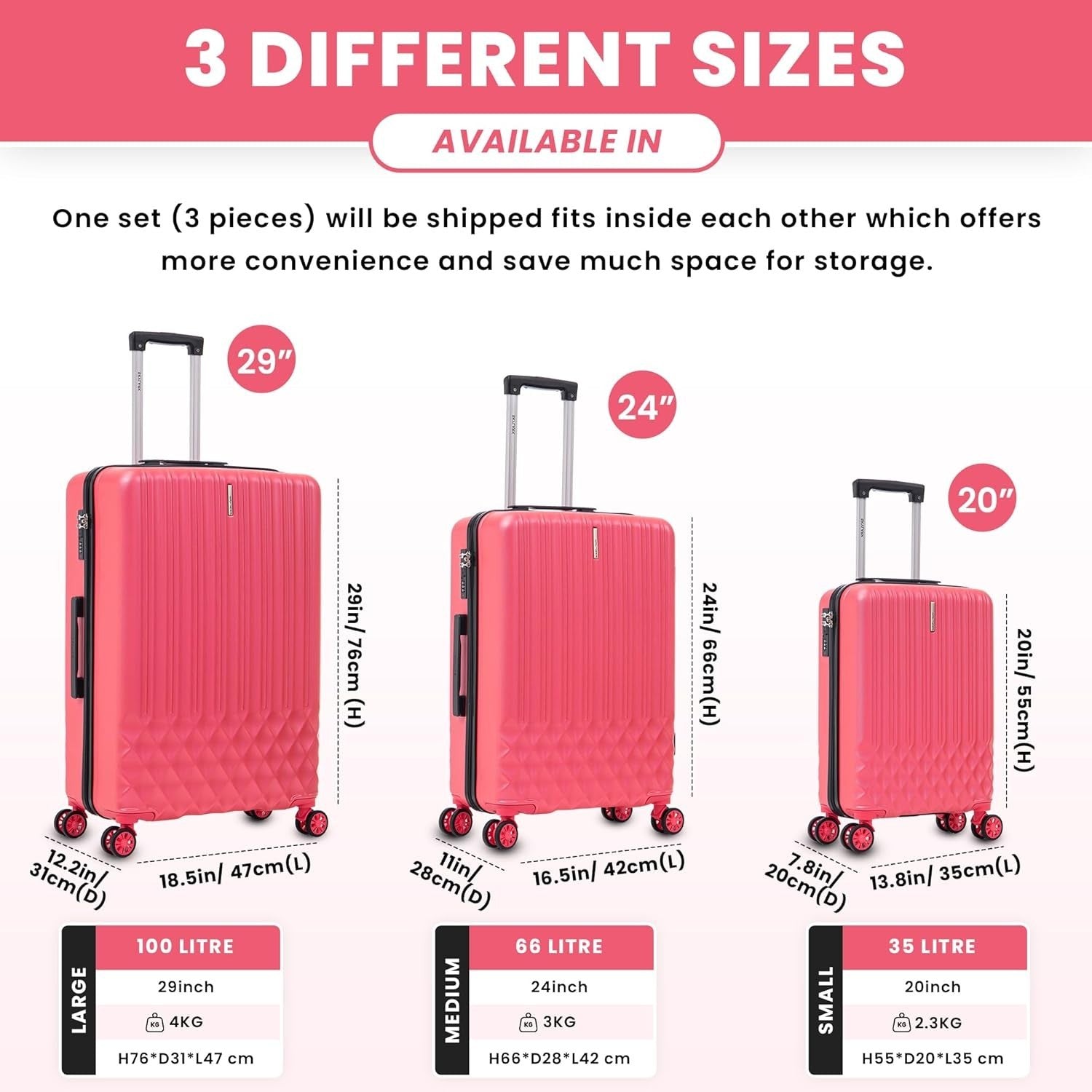 Medium 24 Inch ABS Hard Suitcase Lightweight 4 Wheel Spinner 66L