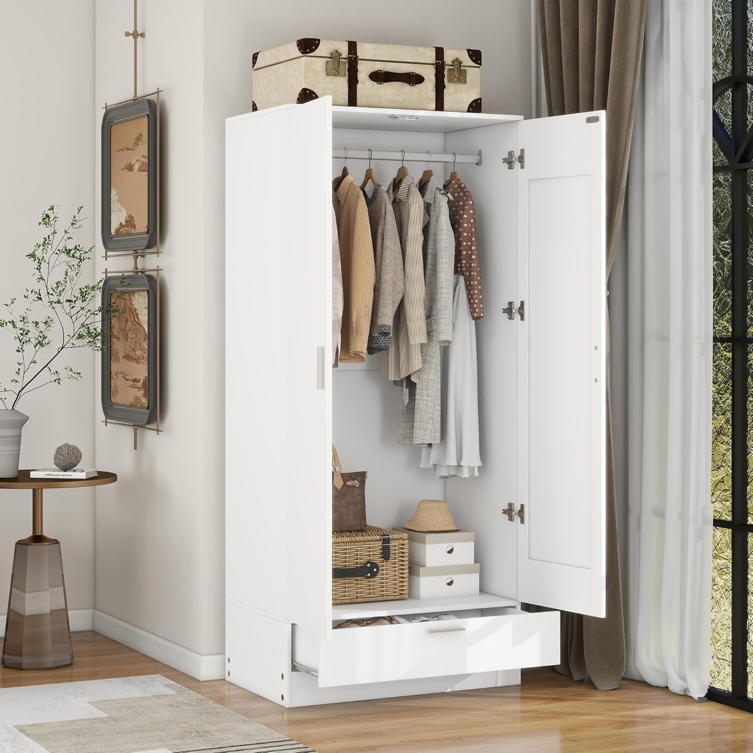 White Mirrored 2-Door Wardrobe with Drawer | Compact Bedroom Storage