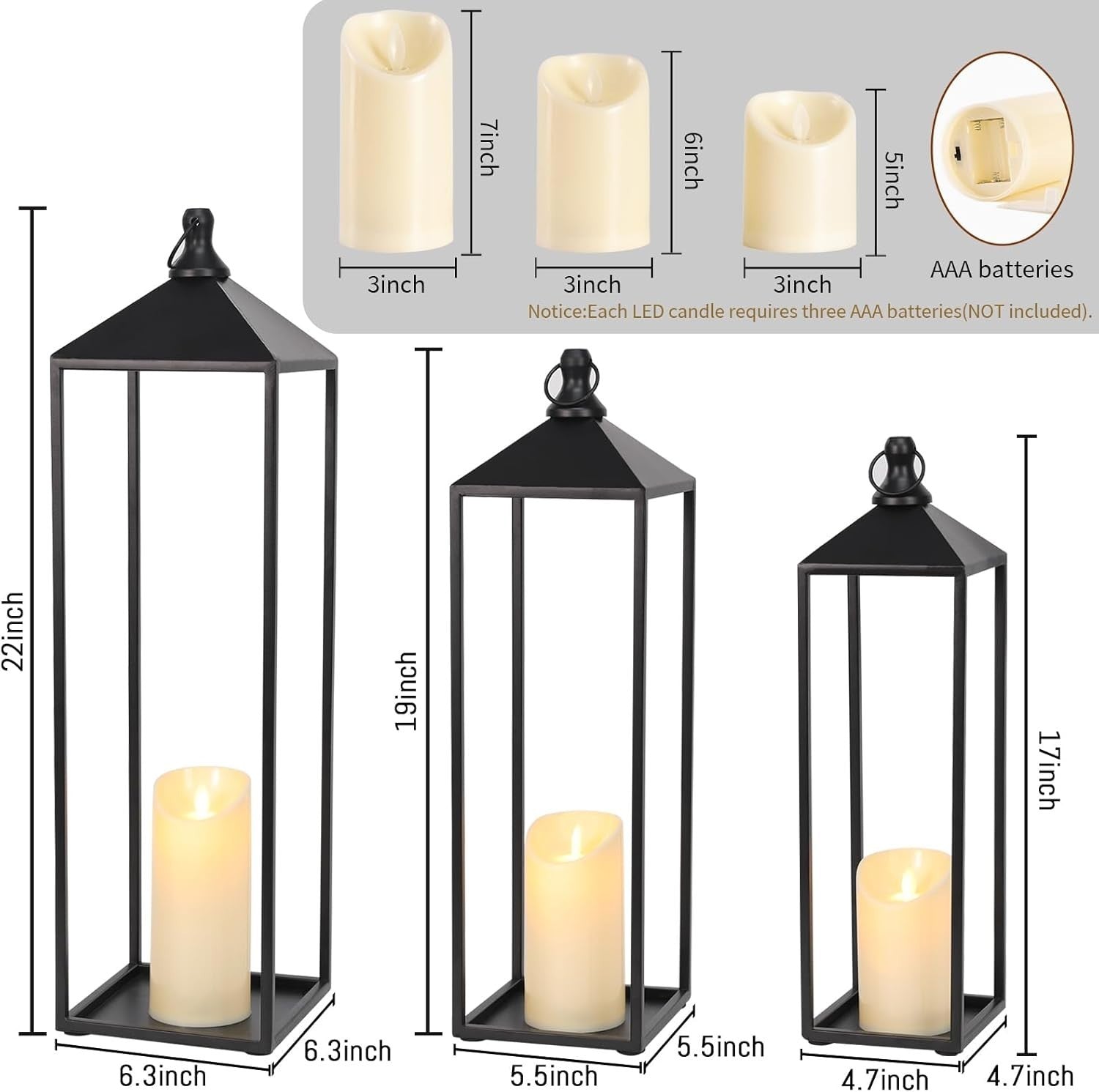 MATAHUM Set of 3 Black Metal Candle Lanterns 22'' 19'' 17'' Indoor Outdoor