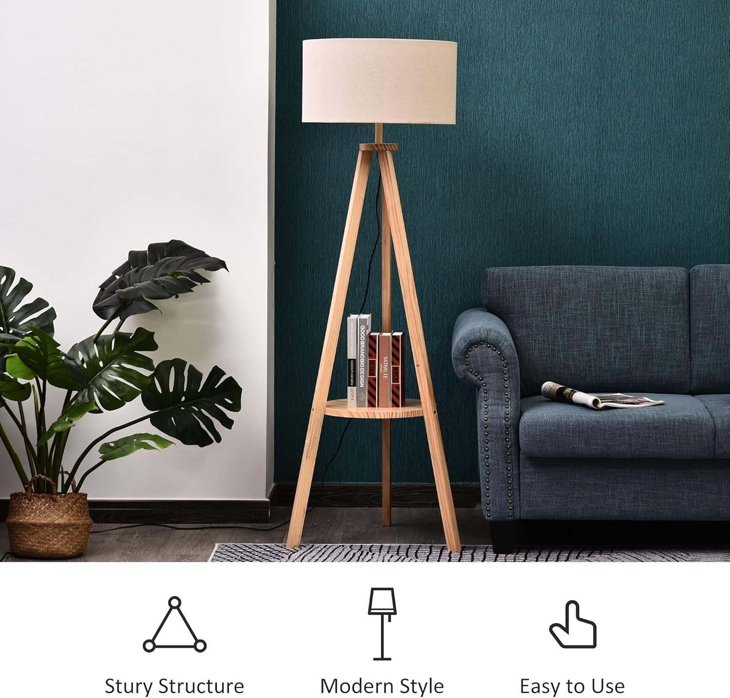 Tripod Floor Lamp with Linen Shade & Storage Shelf – Warm Reading Light
