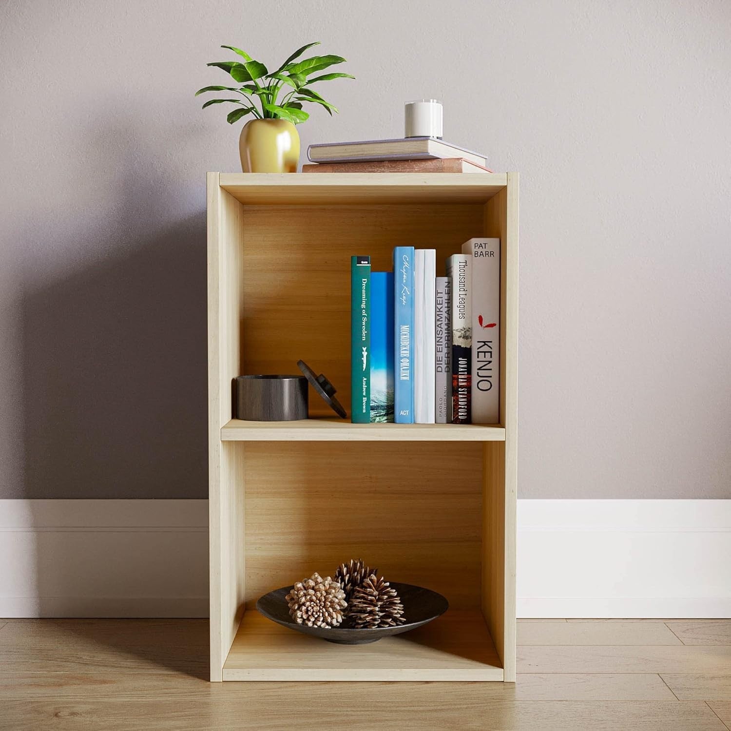 2 Tier Oak Wooden Cube Bookcase Small Storage Shelf for Living Room Office