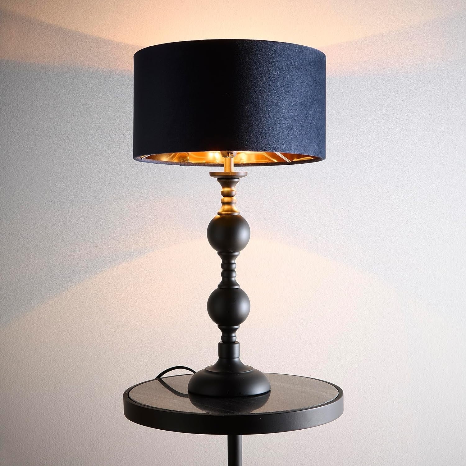 Black Metal Table Lamp Navy Velvet Shade Gold Lined Modern Bedside