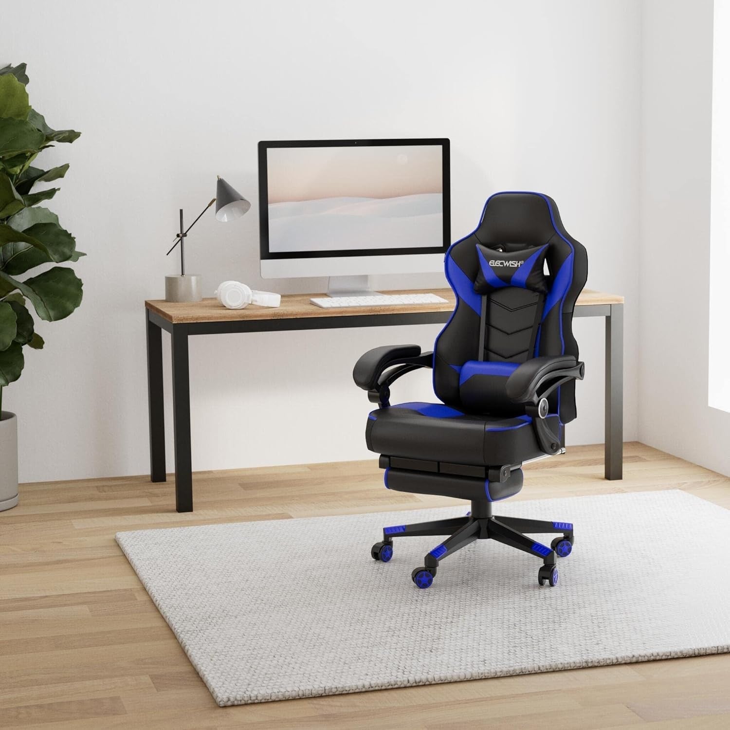 Racing Gaming Chair w/ Footrest Reclining PU Leather Black Blue