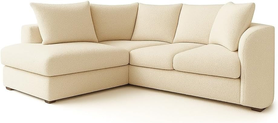 Cream Bouclé Corner Sofa – 4 Seater L Shape Teddy Fabric, Left Hand