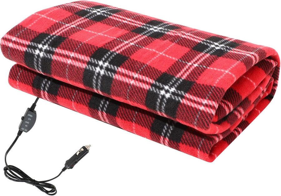 12V Heated Car Blanket Electric Winter Travel Throw Black Red Plaid