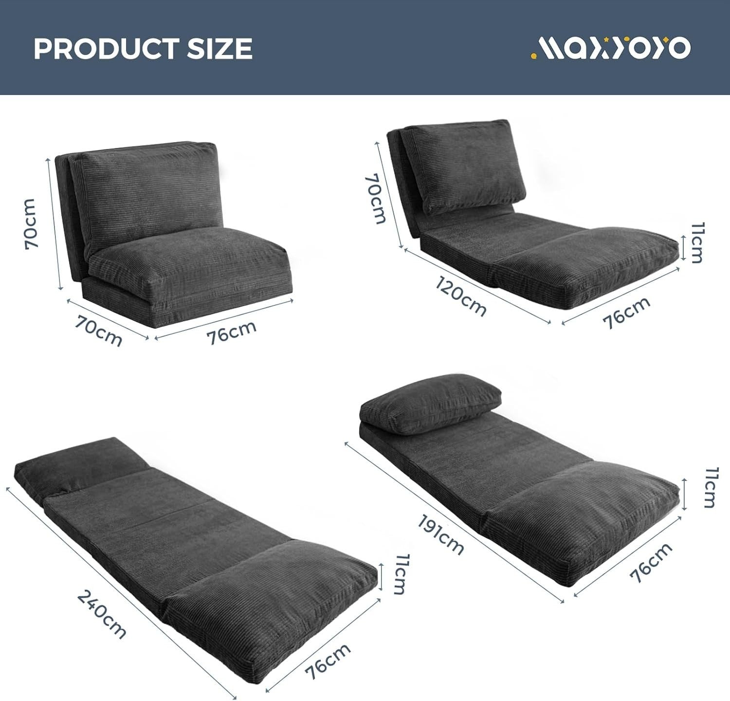 Charcoal Folding Floor Sofa Bed Chair 4 Fold Lounger Washable Cover 75x240