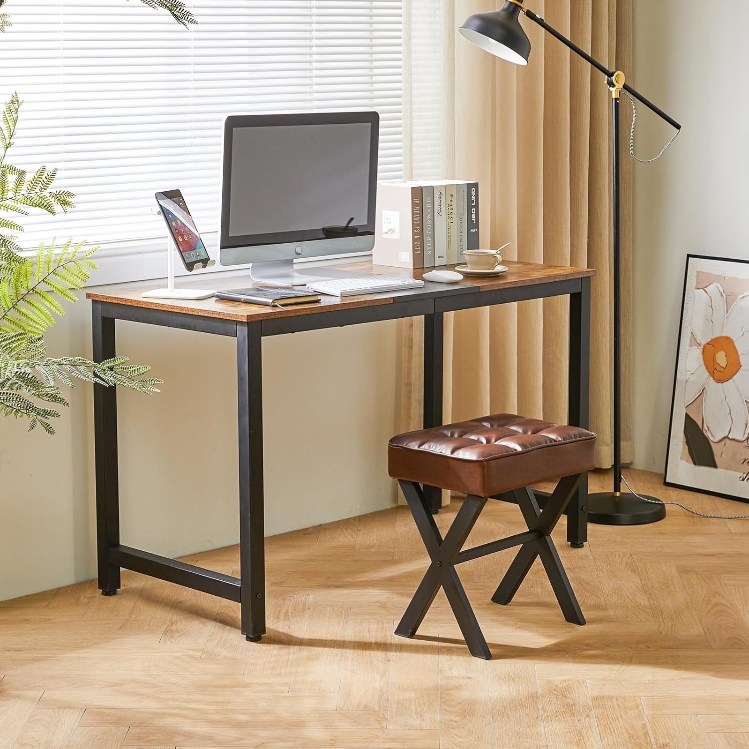 Square PU Makeup Stool with X-Leg Design – Compact Vanity Footrest (Dark Brown)
