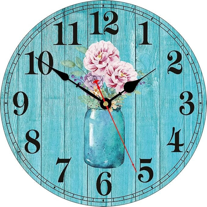 14" Rustic Floral Wall Clock Blue Wooden Vintage Silent Easy Read Home Decor
