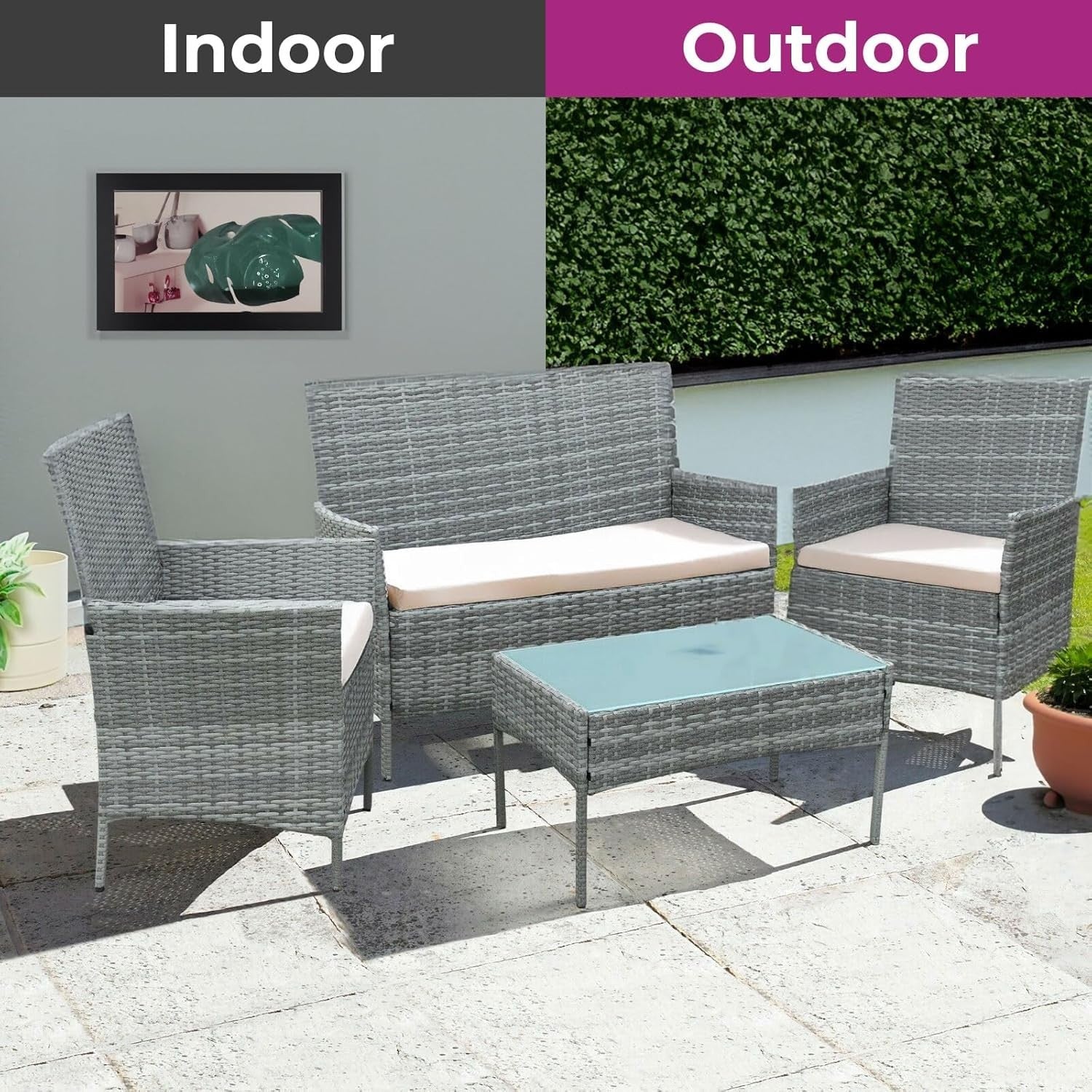 4 Piece Rattan Garden Furniture Set Sofa Chairs Glass Table Patio Balcony