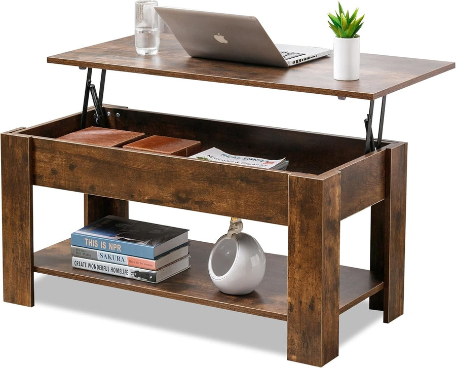 Lift Top Coffee Table with Storage Rustic Brown, Large Hidden Compartment 100x50