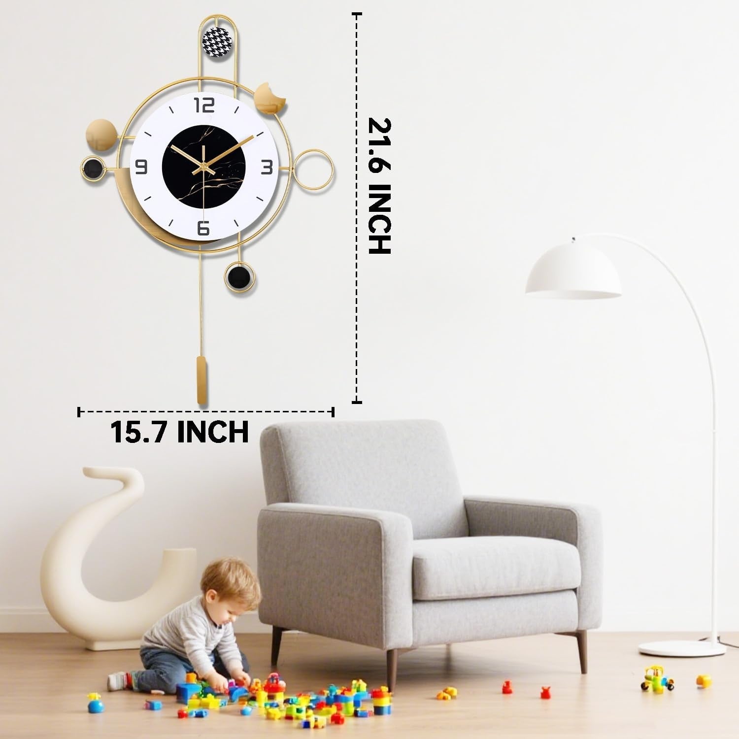 40×55cm Gold & White Pendulum Wall Clock – Silent Quartz Modern Design