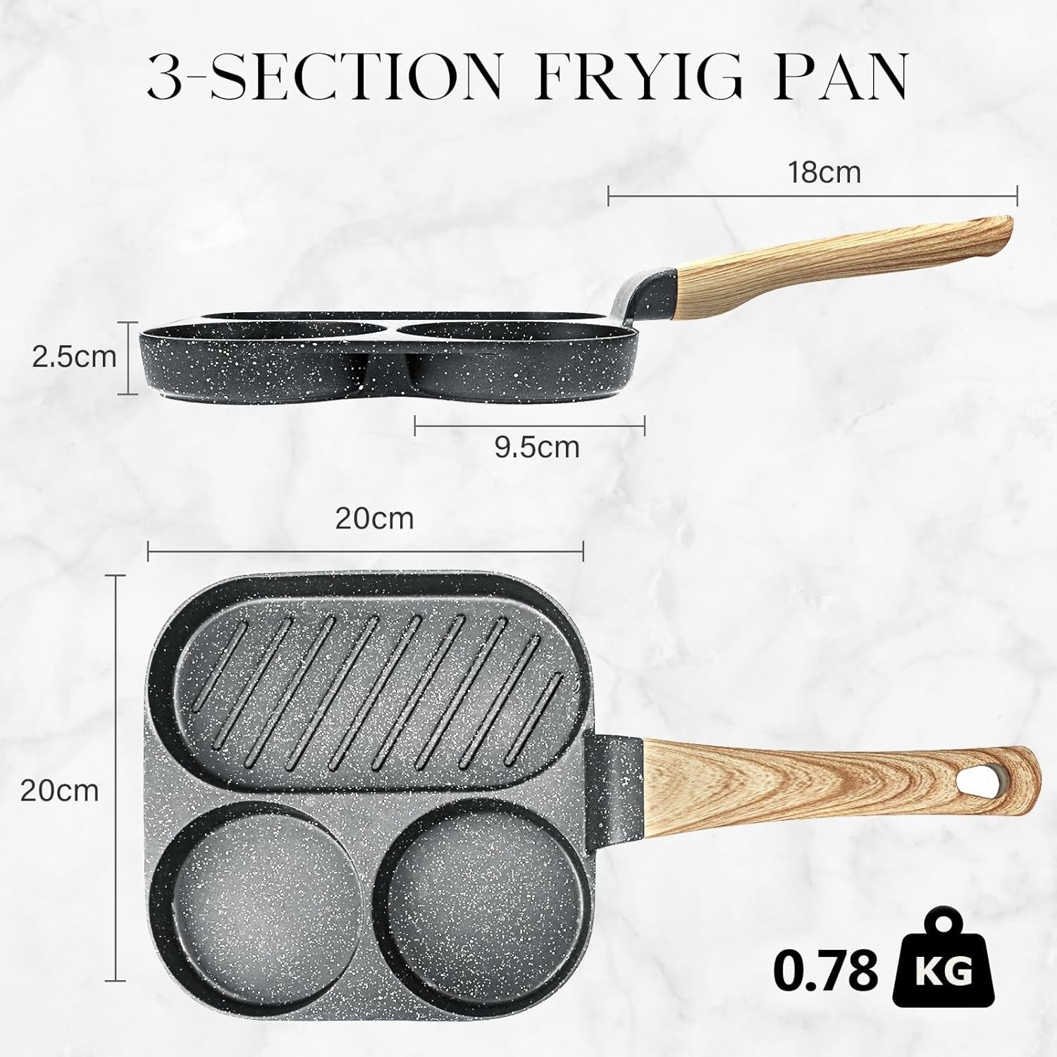 3-Cup Non-Stick Egg Pan Granite Omelette Skillet, Multi-Section Pan Grey