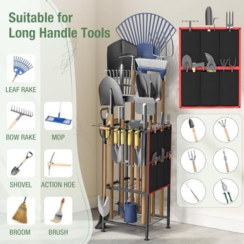 Corner Garden Tool Organizer Metal Rack with Side Pouch for Rakes Shovels