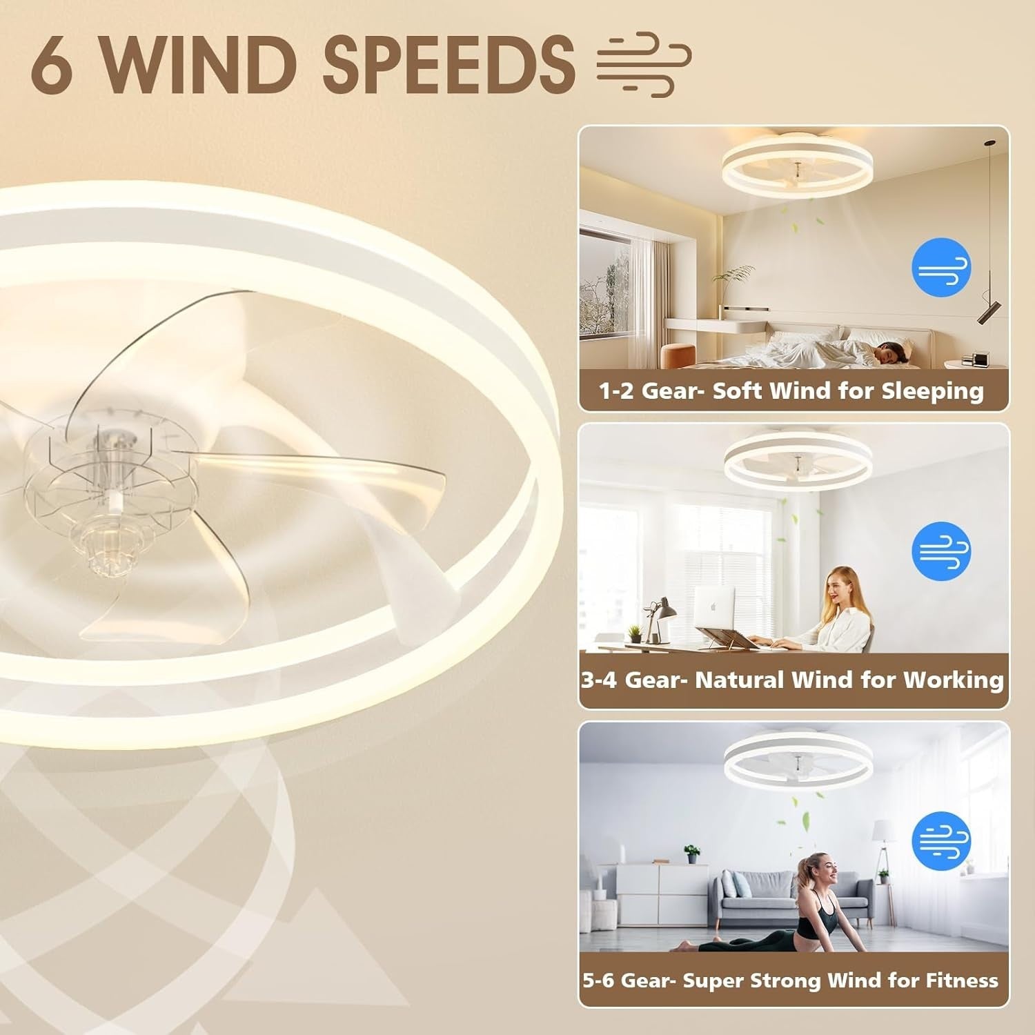 50cm LED Ceiling Fan Light with Remote, 6 Speeds, Quiet, Dimmable, Modern