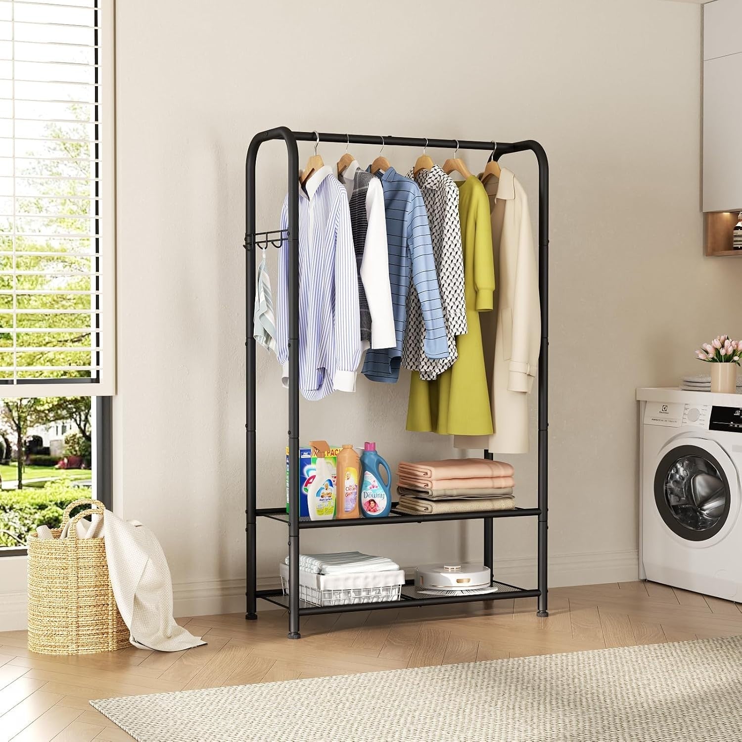 Rolling Clothes Rail with Shelf – Heavy Duty Black Rack 81×30×183cm