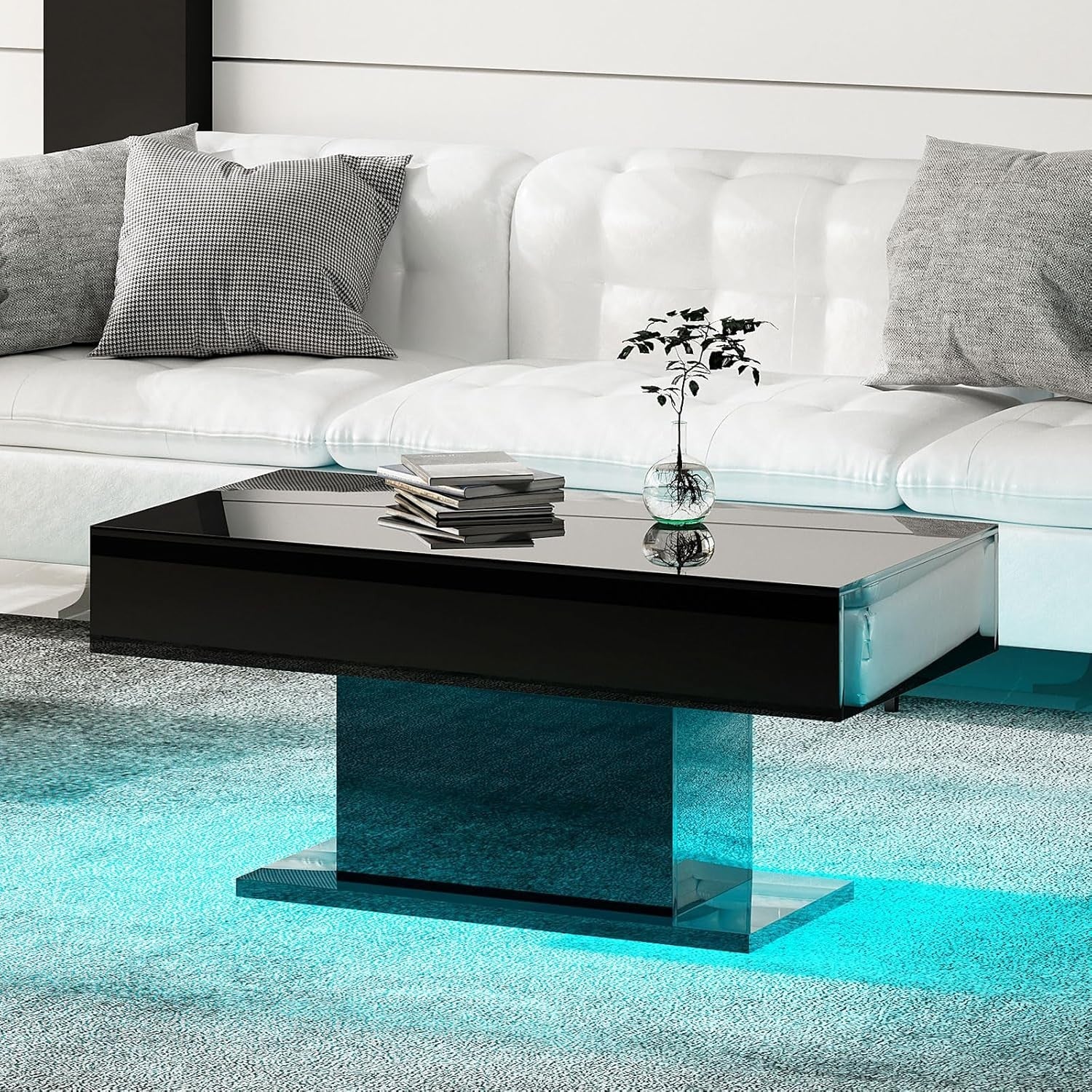 Modern Black LED Coffee Table, High Gloss Rectangular 110x55cm