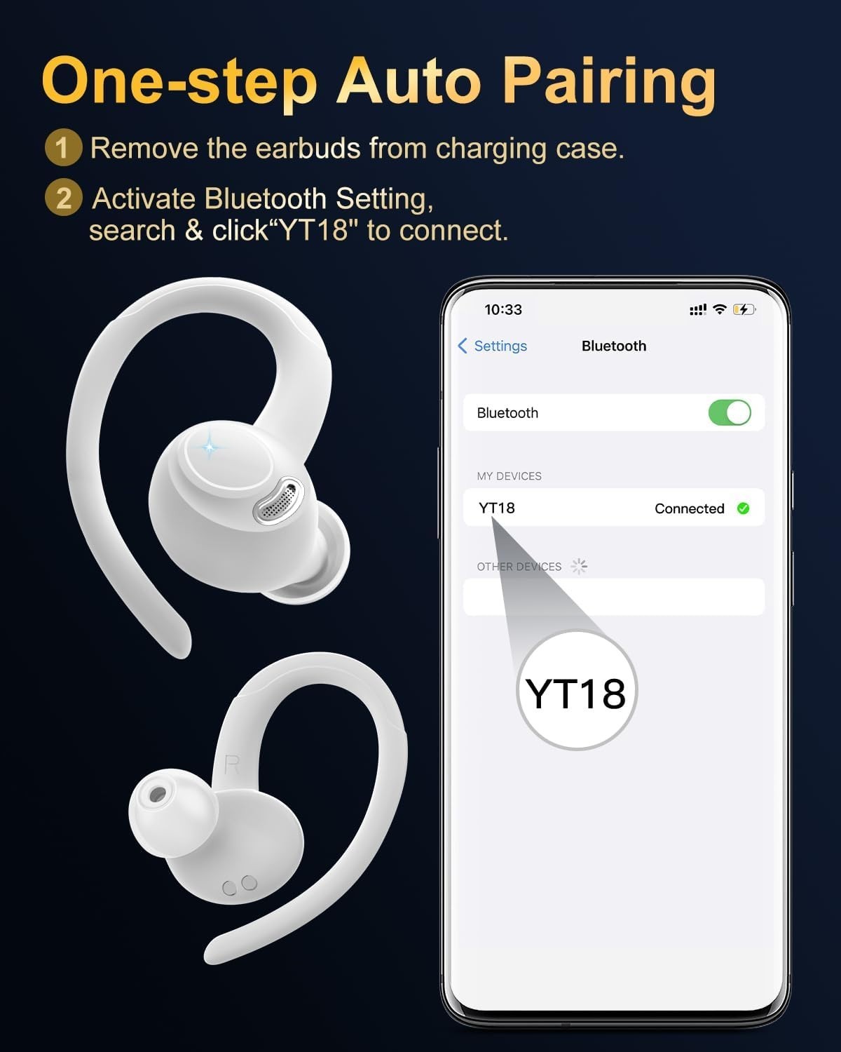 White Bluetooth 5.3 Earbuds ENC Mic 40H LED Display Sport IP7