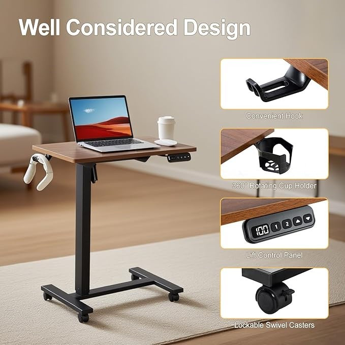 Electric Overbed Laptop Desk Walnut Top Height Adjustable Rolling Table