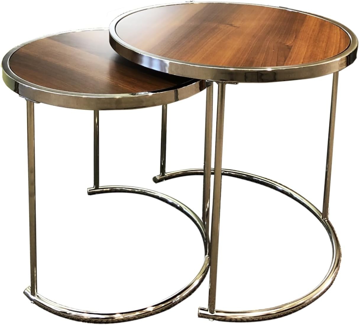 2pc Round Nesting Coffee Table Set Wood Top Chrome Metal Base Modern Living Room