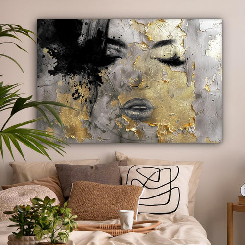 Large Abstract Woman Canvas Wall Art Gold Black 120x80cm Modern Decor