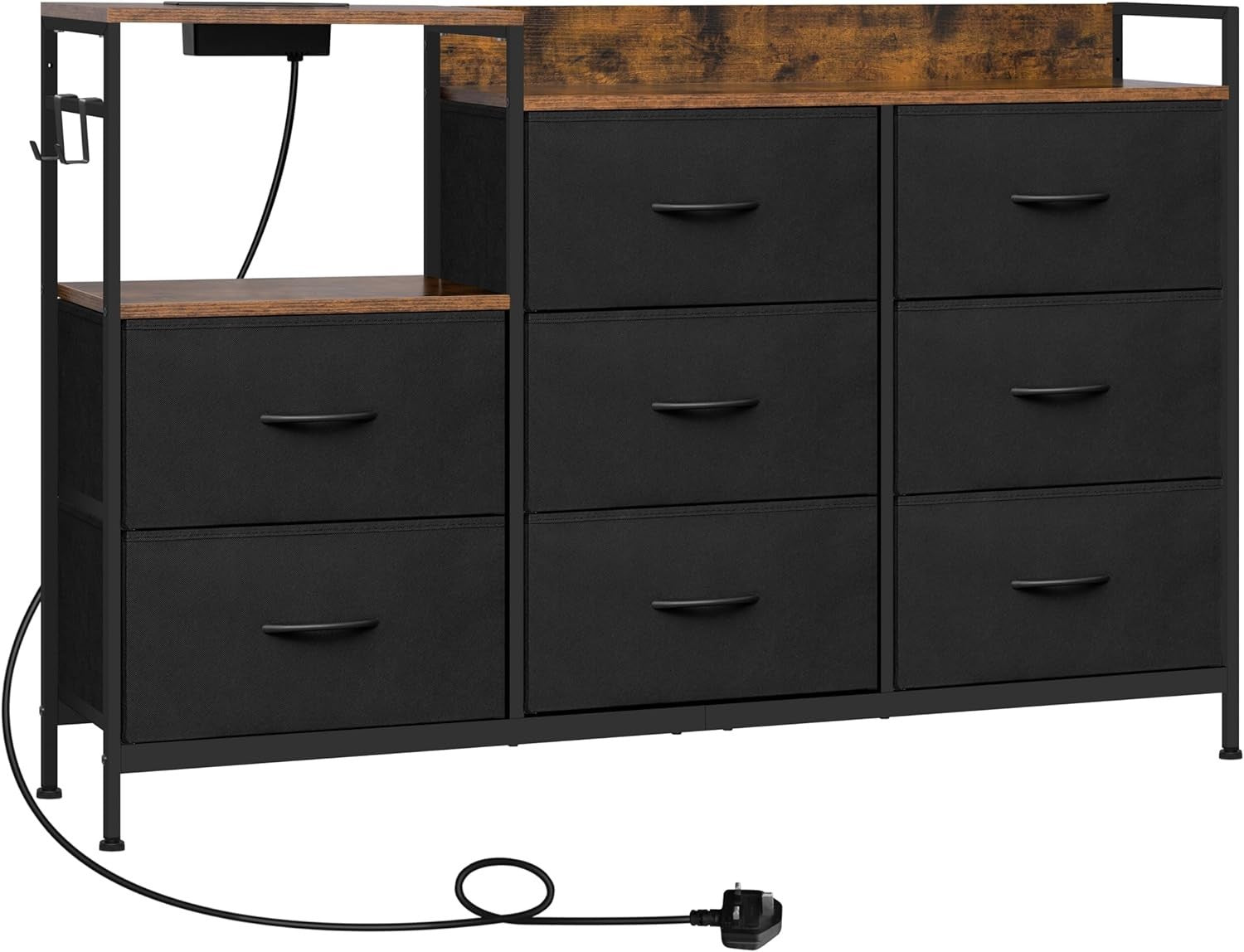 8 Drawer Fabric Chest with USB Ports Power Strip Rustic Black Storage Unit