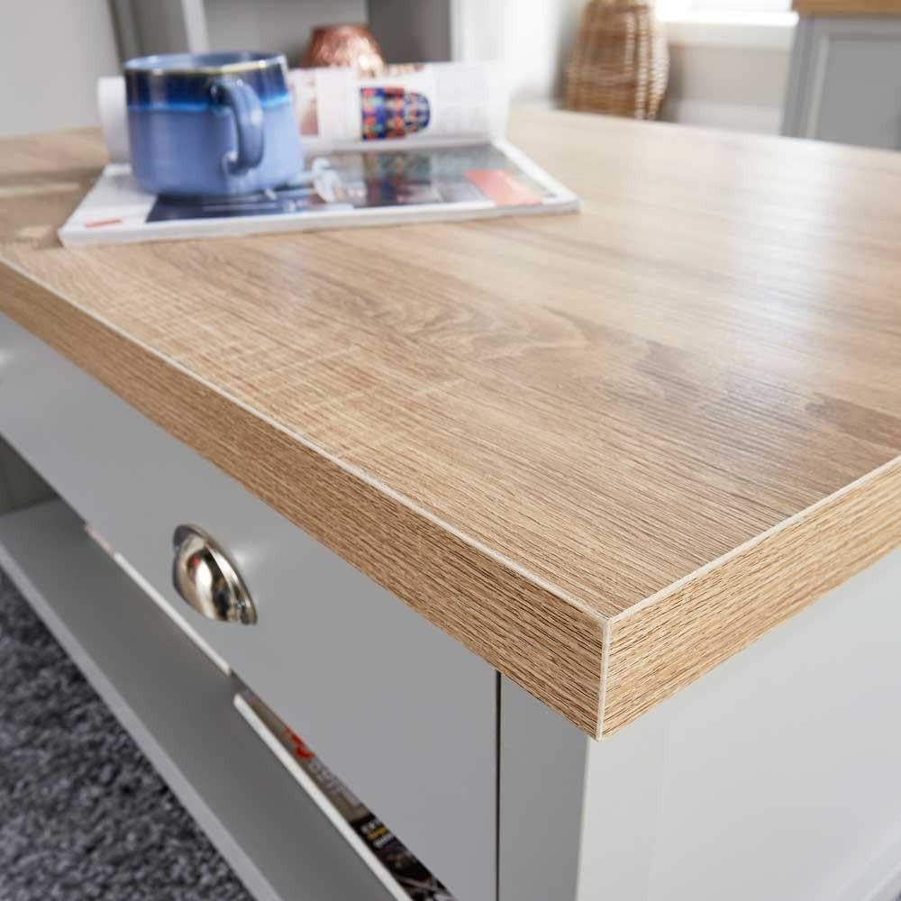 Modern Grey Coffee Table 2 Drawers Oak Effect 90x58x45cm Durable Storage