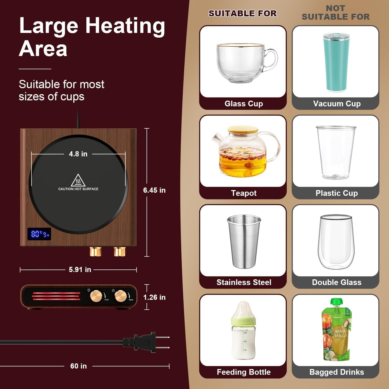 Smart Coffee Mug Warmer – Desk Cup Warmer, Brown/Wood Finish, 50W