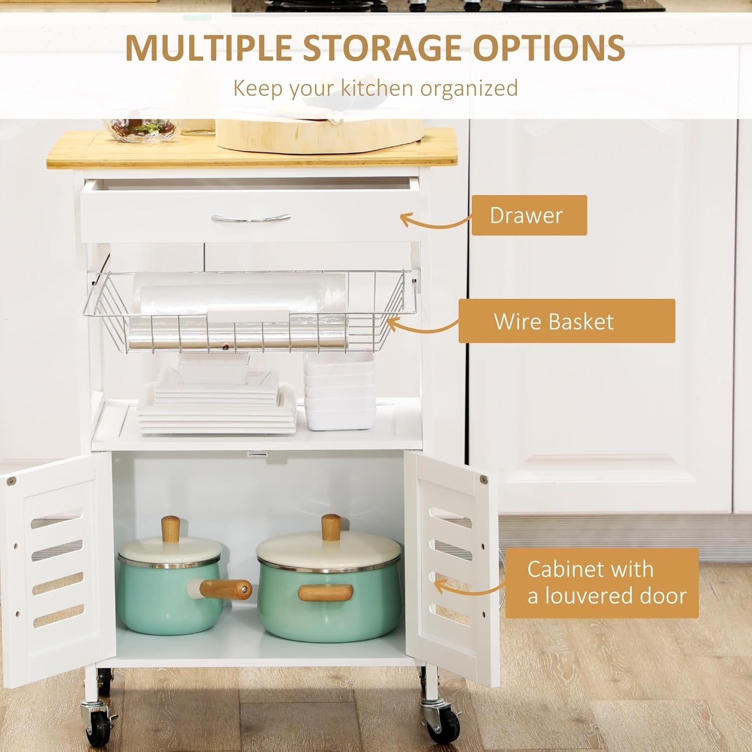 Rolling Kitchen Island Cart with Bamboo Top, Storage Drawer & Wire Basket