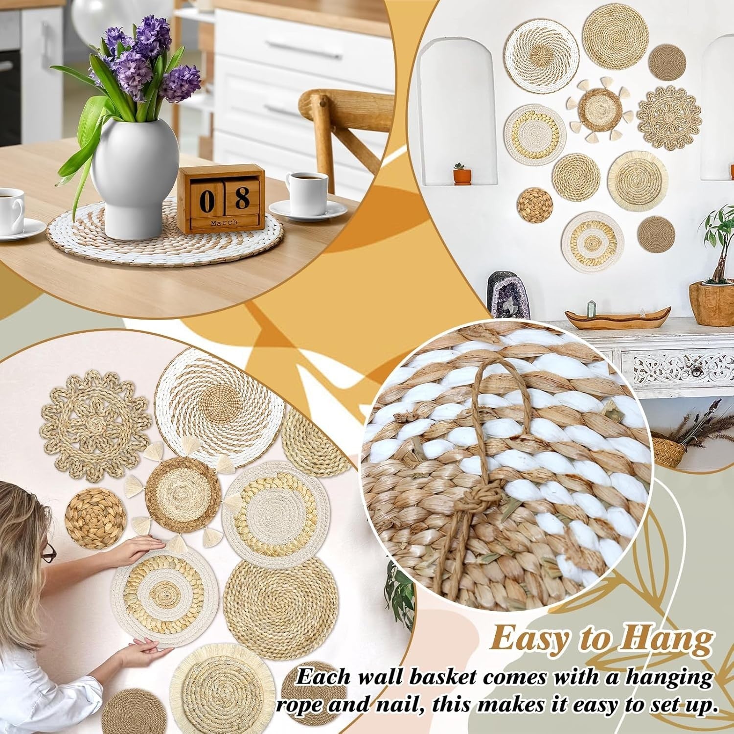 Boho Woven Wall Basket Set 11pcs Rattan Wicker Decor