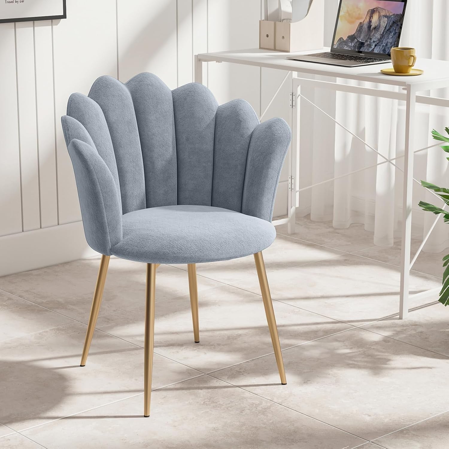 Velvet Vanity Chair Shell Back Gold Metal Legs Grey