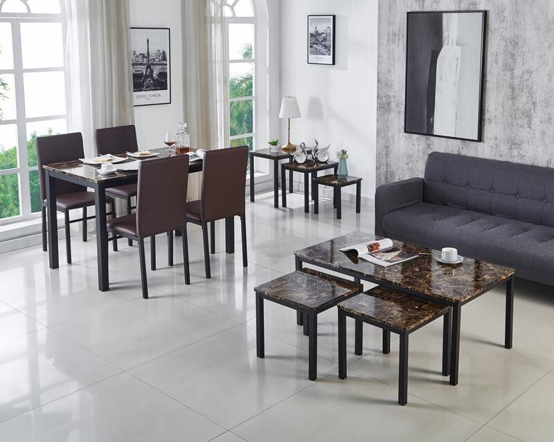 6 Seat Marble Dining Table Set with Faux Leather Chairs in Brown 150cm MDF