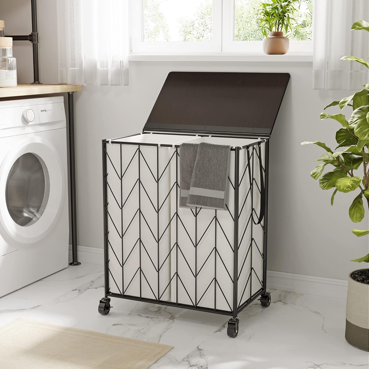 115L Laundry Hamper Beige with Wheels Wood Lid Heavy Duty Basket Removable Bag