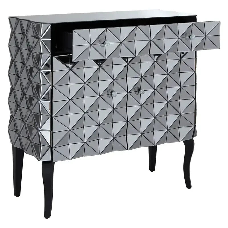 Silver Mirrored Cabinet Modern Geometric Storage Unit with 3D Design