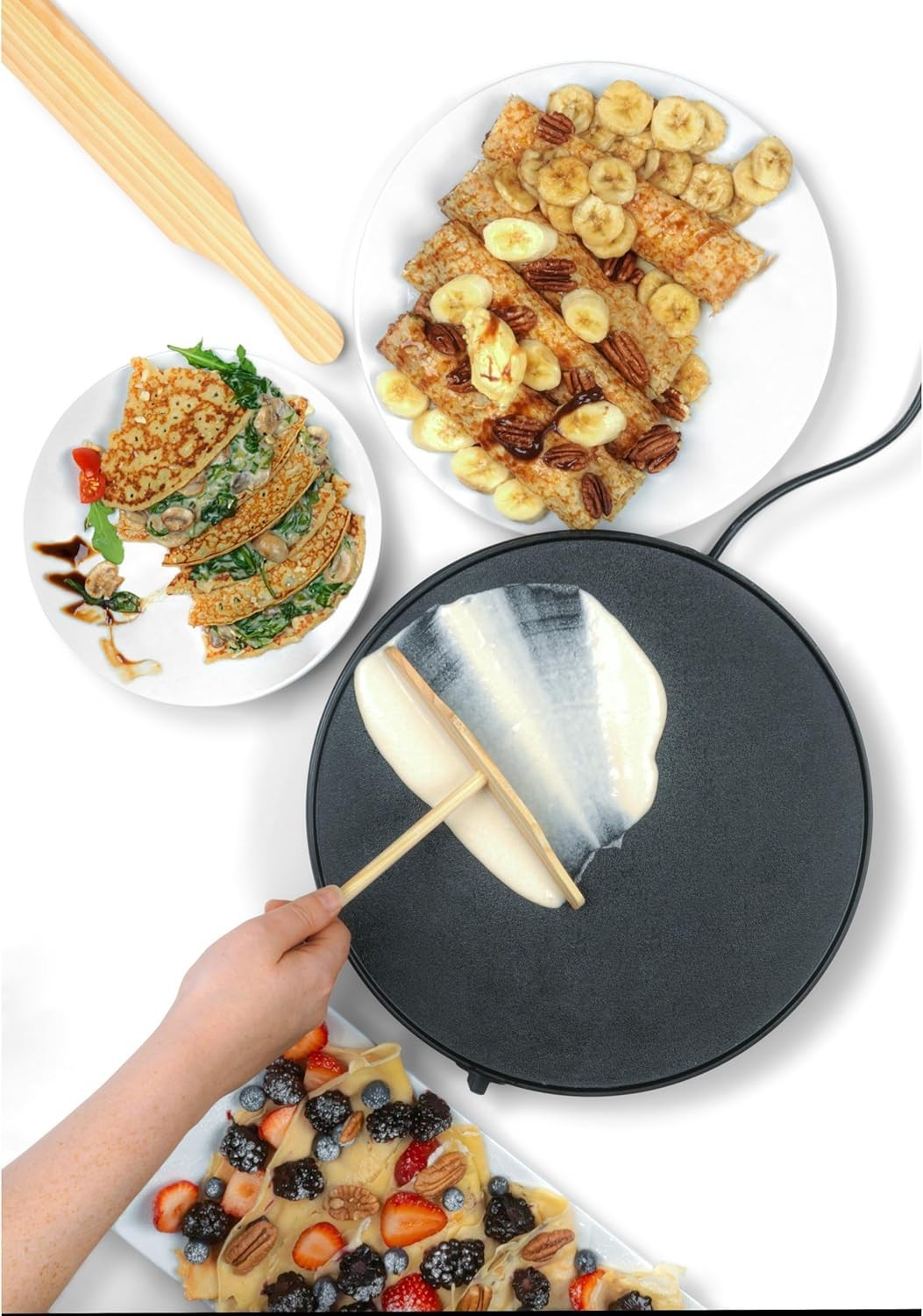 Electric Crepe Maker 30cm Non-Stick Plate 3 Min Heat Up Adjustable Temp + Tool