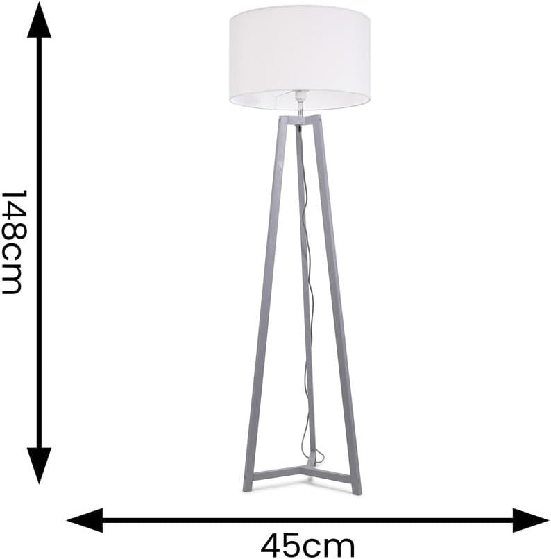 Grey Wooden Tripod Floor Lamp White Fabric Drum Shade LED Light
