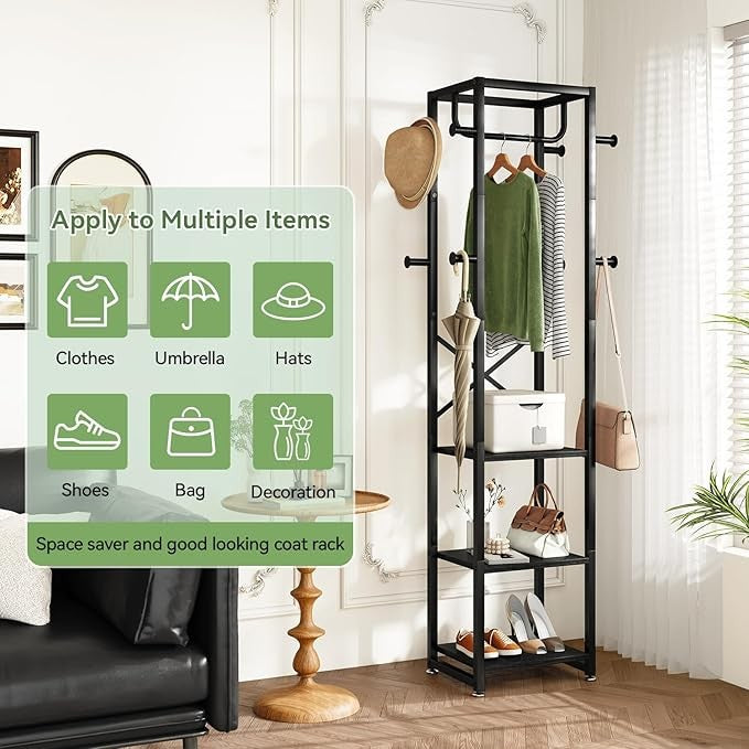 Black Industrial Coat Rack with Shelves & Hooks Freestanding Hall Stand