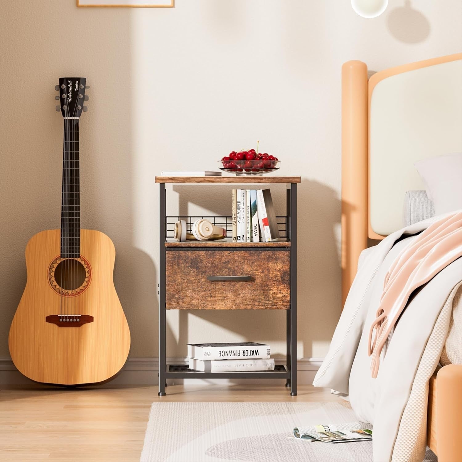 Set of 2 Rustic Brown Bedside Tables with Drawers & Shelves