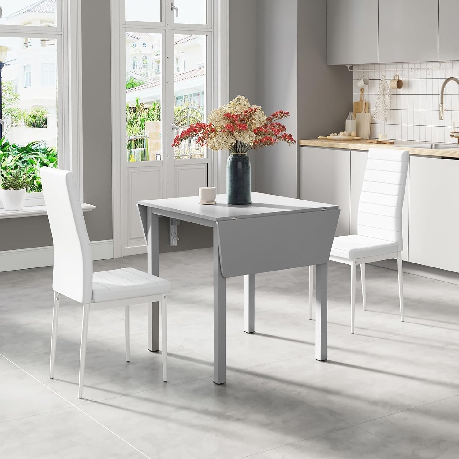 Space-Saving White Drop Leaf Dining Table with 2 Chairs - Modern PU Leather Set