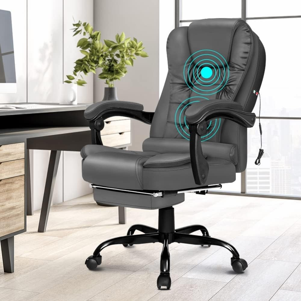 Grey Massage Office Chair Recliner Footrest Ergonomic PU Leather Heavy Duty