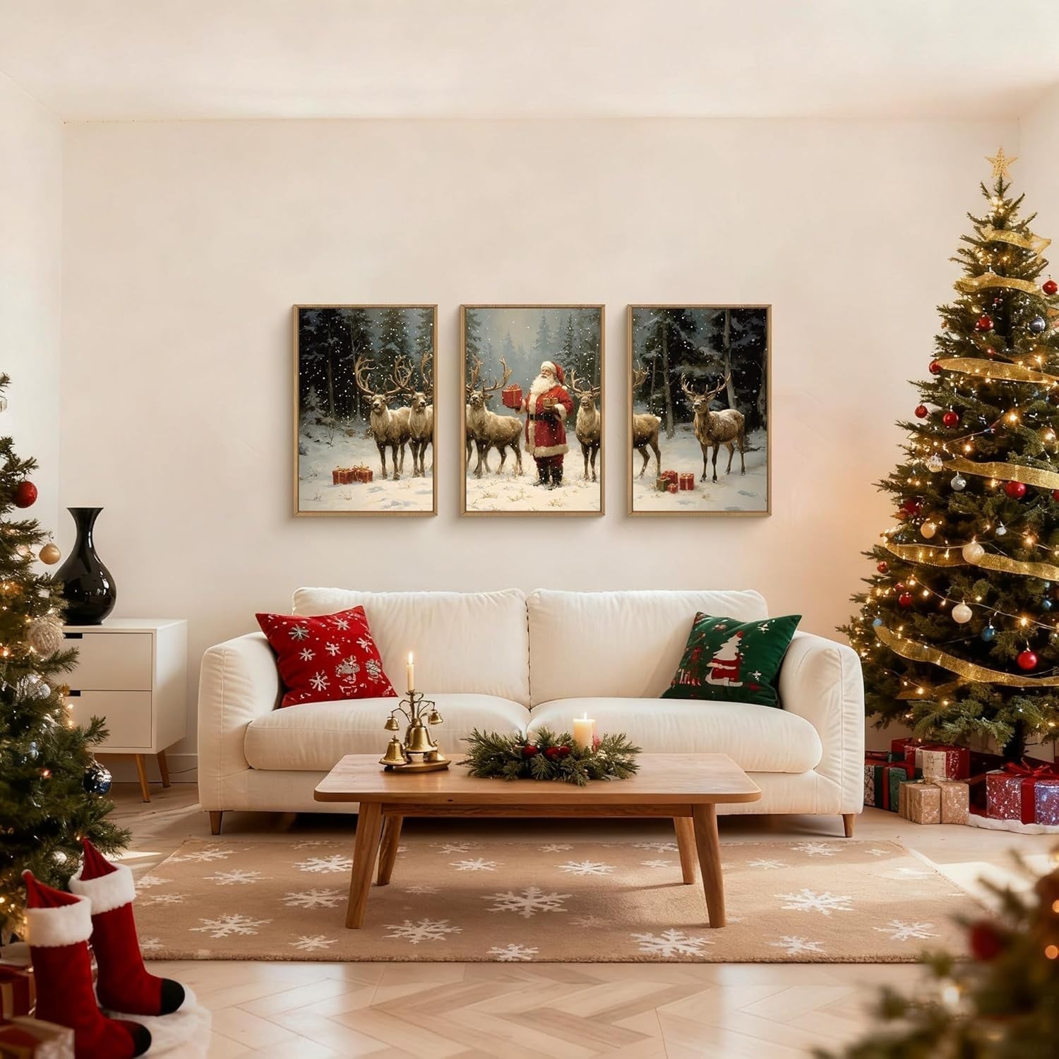 Christmas Wall Art Framed Canvas Set 3 Santa Reindeer Winter Holiday Decor